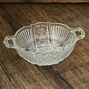 Vintage Clear Glass Floral Embossed Two-Handled Bowl Candy Dish Small Bowl